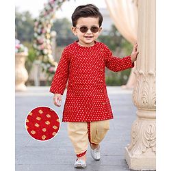 Babyhug 100% Cotton Cambric Woven Full Sleeves Jamna Kurta Dhoti Set - Red