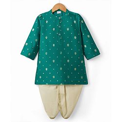 Babyhug Brocade Woven Full Sleeves Floral Embroidered Kurta Dhoti Set - Teal Blue