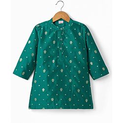 Babyhug Brocade Woven Full Sleeves Floral Embroidered Kurta Dhoti Set - Teal Blue