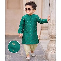 Babyhug Brocade Woven Full Sleeves Floral Embroidered Kurta Dhoti Set - Teal Blue