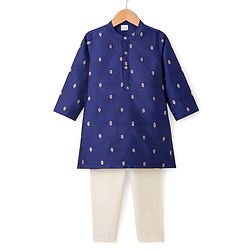 Babyhug Brocade Woven Full Sleeves Kurta Pajama Set with Floral Embroidery - Navy Blue