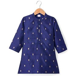 Babyhug Brocade Woven Full Sleeves Kurta Pajama Set with Floral Embroidery - Navy Blue