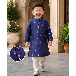 Babyhug Brocade Woven Full Sleeves Kurta Pajama Set with Floral Embroidery - Navy Blue