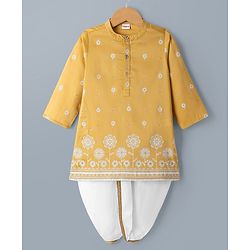 Babyhug Woven Full Sleeves Floral Embroidered Kurta Dhoti Set - Yellow