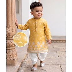 Babyhug Woven Full Sleeves Floral Embroidered Kurta Dhoti Set - Yellow