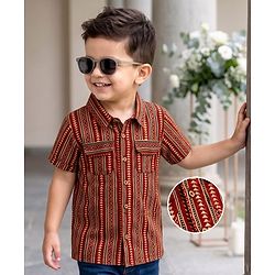 Babyhug 100% Cotton Woven Half Sleeves Striped & Printed Kurta - Maroon