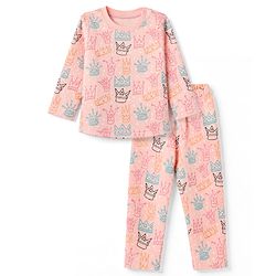 Babyhug Cotton Knit Full Sleeves Quilted Co-Ords T-Shirt & Pyjama Winter Wear Night Suit with Crown Print - Pink