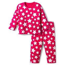 Babyhug Cotton Knit Full Sleeves Quilted Co-Ords T-Shirt & Pyjama Winter Wear Night Suit with Star Print - Red