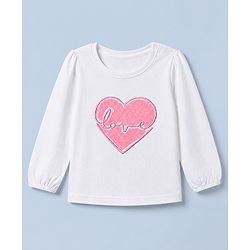 Babyhug 100% Cotton Knit T-Shirts with Full Peasant Sleeves and Love Heart Embroidery with Sequins - White