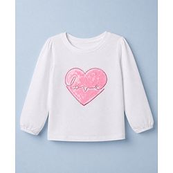 Babyhug 100% Cotton Knit T-Shirts with Full Peasant Sleeves and Love Heart Embroidery with Sequins - White
