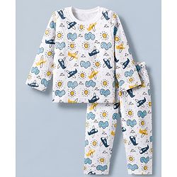 Babyhug Cotton Knit Full Sleeves Quilted Co-Ords T-Shirt & Pyjama Winter Wear Night Suit with Aeroplane Print - White