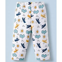 Babyhug Cotton Knit Full Sleeves Quilted Co-Ords T-Shirt & Pyjama Winter Wear Night Suit with Aeroplane Print - White