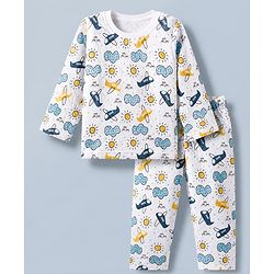 Babyhug Cotton Knit Full Sleeves Quilted Co-Ords T-Shirt & Pyjama Winter Wear Night Suit with Aeroplane Print - White