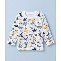 Babyhug Cotton Knit Full Sleeves Quilted Co-Ords T-Shirt & Pyjama Winter Wear Night Suit with Aeroplane Print - White