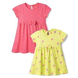 Babyhug Single Jersey Knit Half Sleeves Frocks With Polka Dot, Strawberry Print & Bow Applique Pack of 2 - Pink & Yellow