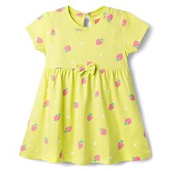Babyhug Single Jersey Knit Half Sleeves Frocks With Polka Dot, Strawberry Print & Bow Applique Pack of 2 - Pink & Yellow