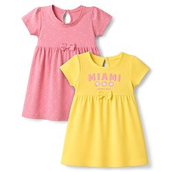 Babyhug Single Jersey Knit Half Sleeves Frocks With Polka Dot, Text Print & Bow Applique Pack of 2 - Pink & Yellow