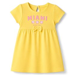 Babyhug Single Jersey Knit Half Sleeves Frocks With Polka Dot, Text Print & Bow Applique Pack of 2 - Pink & Yellow