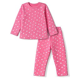 Babyhug Cotton Knit Full Sleeves Quilted Co-Ords T-Shirt & Pyjama Winter Wear Night Suit with Heart Print - Pink