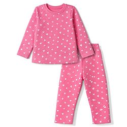 Babyhug Cotton Knit Full Sleeves Quilted Co-Ords T-Shirt & Pyjama Winter Wear Night Suit with Heart Print - Pink