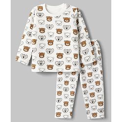 Babyhug Quilted Knit Full Sleeves T-Shirt & Pyjama Co-ords Night Suit With Teddy Bear Print -White