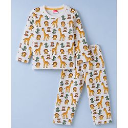 Babyhug Quilted Knit Full Sleeves Winter Night Suit Co-ords With Animal Print - White