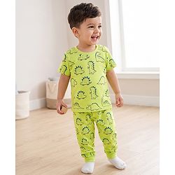Babyhug 100% Cotton Knit Half Sleeves Co-Ords T-Shirt & Pajama Night Suit with Dino Print - Lime Green