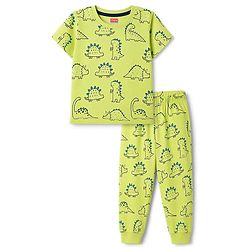 Babyhug 100% Cotton Knit Half Sleeves Co-Ords T-Shirt & Pajama Night Suit with Dino Print - Lime Green