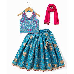 Babyhug Georgette Woven Sleeveless Floral Embroidered Choli Lahenga Set with Dupatta - Blue & Fuschia