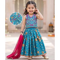 Babyhug Georgette Woven Sleeveless Floral Embroidered Choli Lahenga Set with Dupatta - Blue & Fuschia