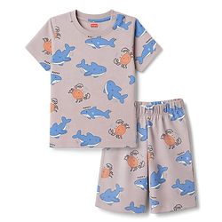 Babyhug 100% Cotton Knit Half Sleeves Co-Ords T-Shirt & Shorts Night Suit with Shark Print - Beige