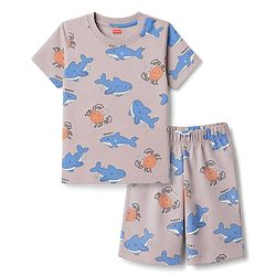 Babyhug 100% Cotton Knit Half Sleeves Co-Ords T-Shirt & Shorts Night Suit with Shark Print - Beige
