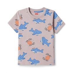 Babyhug 100% Cotton Knit Half Sleeves Co-Ords T-Shirt & Shorts Night Suit with Shark Print - Beige