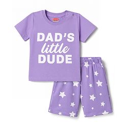 Babyhug 100% Cotton Knit Half Sleeves T-Shirt & Shorts Night Suit With Star & Text Print - Lavender