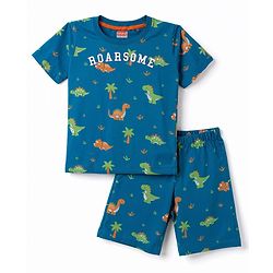 Babyhug 100% Cotton Knit Half Sleeves Co-Ords Dino Printed T-Shirt & Shorts Night Suit - Teal Blue