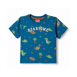 Babyhug 100% Cotton Knit Half Sleeves Co-Ords Dino Printed T-Shirt & Shorts Night Suit - Teal Blue