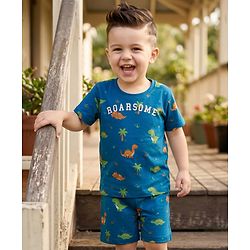 Babyhug 100% Cotton Knit Half Sleeves Co-Ords Dino Printed T-Shirt & Shorts Night Suit - Teal Blue