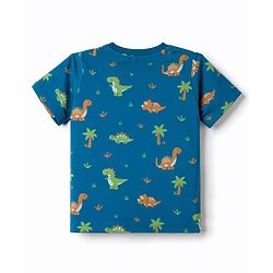 Babyhug 100% Cotton Knit Half Sleeves Co-Ords Dino Printed T-Shirt & Shorts Night Suit - Teal Blue