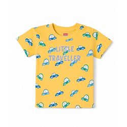 Babyhug 100% Cotton Knit Half Sleeves Co-Ords T-Shirts & Shorts Night Suit Car Print - Yellow