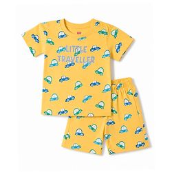 Babyhug 100% Cotton Knit Half Sleeves Co-Ords T-Shirts & Shorts Night Suit Car Print - Yellow