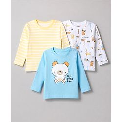 Babyhug 100% Cotton Interlock Knit Full Sleeves Round Neck T-shirts With Stripes And Bear Print Pack Of 3 - Blue Yellow & White