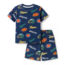 Babyhug 100% Cotton Knit Half Sleeves Co-Ords T-Shirt & Shorts Night Suit with Sports Theme Print - Navy Blue