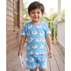 Babyhug 100% Cotton Knit Half Sleeves Co-Ords T-Shirt & Shorts Night Suit with Elephant Print -Light Blue