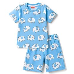Babyhug 100% Cotton Knit Half Sleeves Co-Ords T-Shirt & Shorts Night Suit with Elephant Print -Light Blue