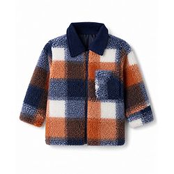 Babyhug Fur Woven Full Sleeves Jacket With Checks - Navy Blue