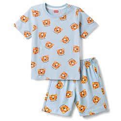 Babyhug 100% Cotton Knit Half Sleeves Co-Ords T-Shirt & Shorts Night Suit with Cub Face Print -Light Blue