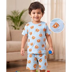 Babyhug 100% Cotton Knit Half Sleeves Co-Ords T-Shirt & Shorts Night Suit with Cub Face Print -Light Blue