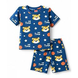 Babyhug 100% Cotton Knit Half Sleeves Tiger Printed Co-Ords T-Shirt & Shorts Night Suit - Navy Blue