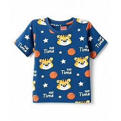 Babyhug 100% Cotton Knit Half Sleeves Tiger Printed Co-Ords T-Shirt & Shorts Night Suit - Navy Blue