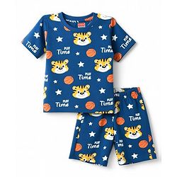 Babyhug 100% Cotton Knit Half Sleeves Tiger Printed Co-Ords T-Shirt & Shorts Night Suit - Navy Blue